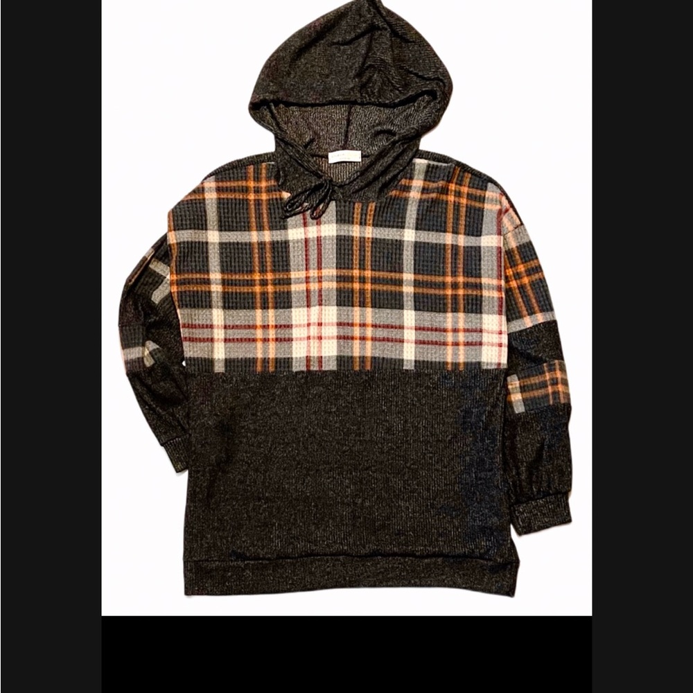 “NEW” 
Unisex Black & Orange/Brown Plaid Hoodie Sweater